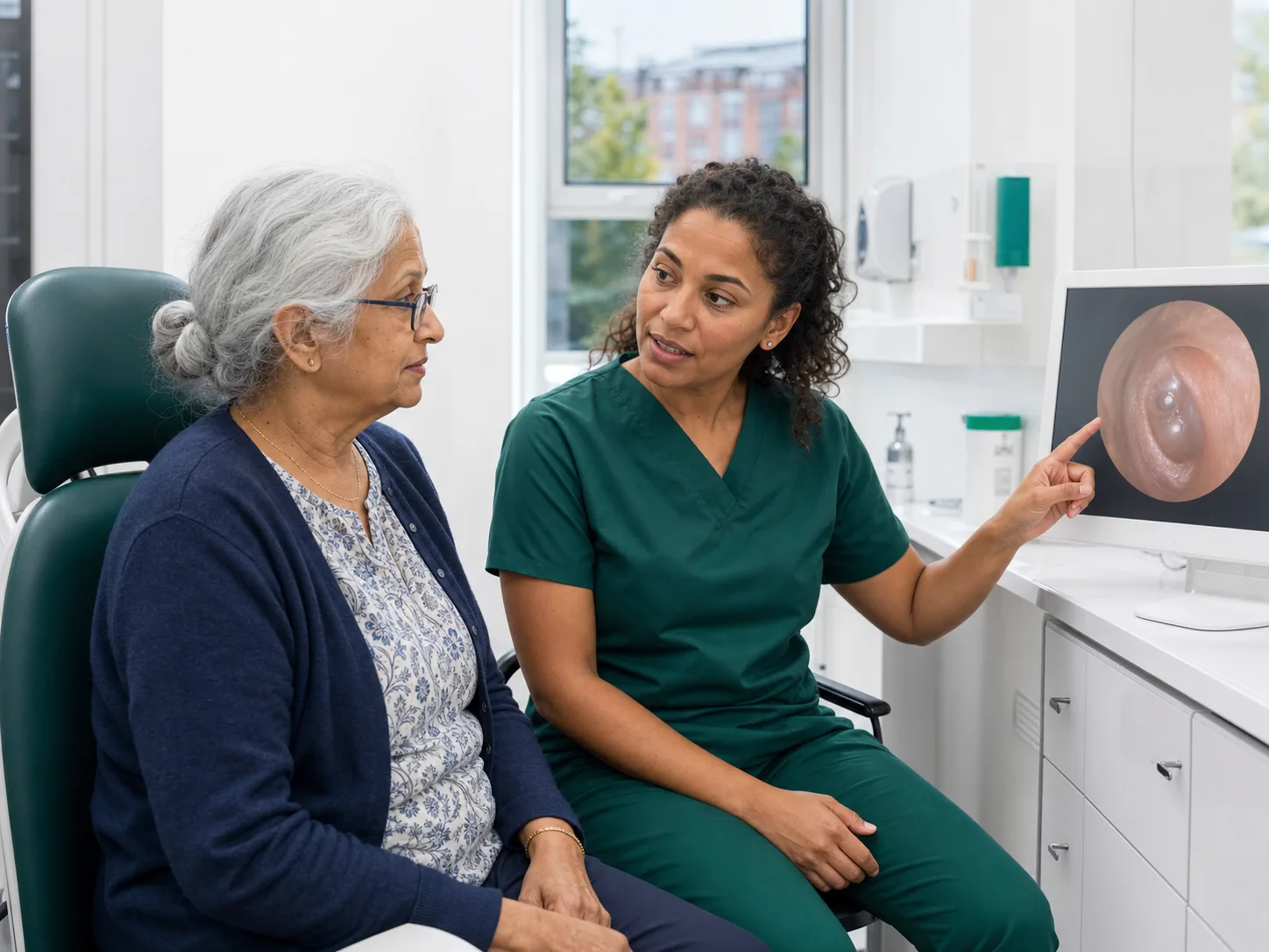 Older patient discussing ear examination findings with a clinician