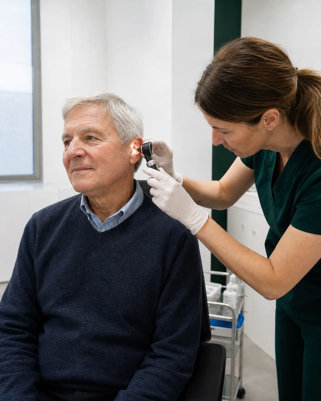 Clinician examining an older patient's ear with an otoscope in a consultation room